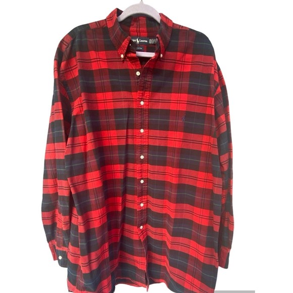 POLO RALPH LAUREN Button Down Mens XLarge Tall Long Sleev Oxford Shirt Red Plaid - Picture 1 of 5